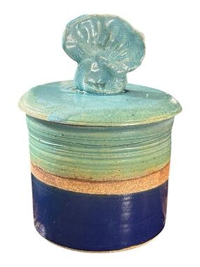 Handmade Studio Pottery Lidded Jar Shell Finial Turquoise Cobalt Blue Canister